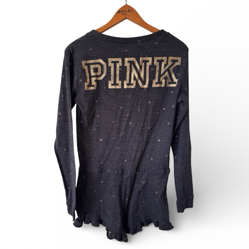 PINK Victoria’s Secret Gray Gold Star Lounge Top Long Sleeve Logo Back